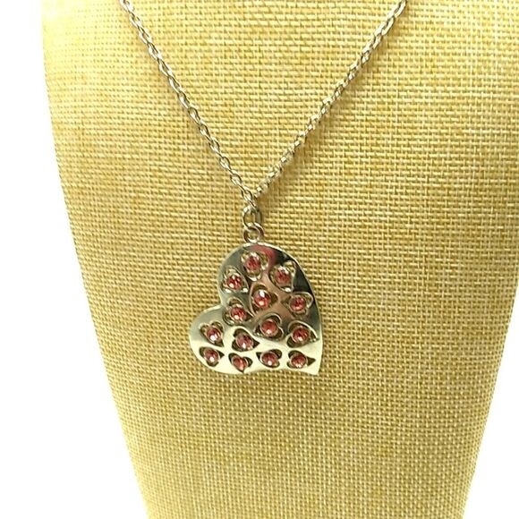 Silver-tone Heart Necklace Red Rhinestones - Picture 11 of 15